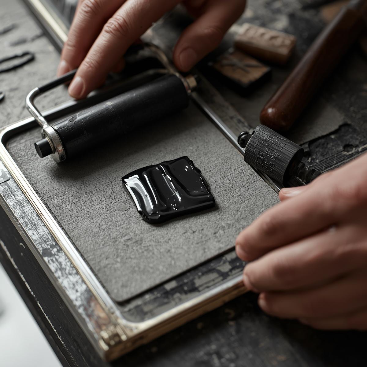 Relief printing ink, brayer, and block-printing tools.