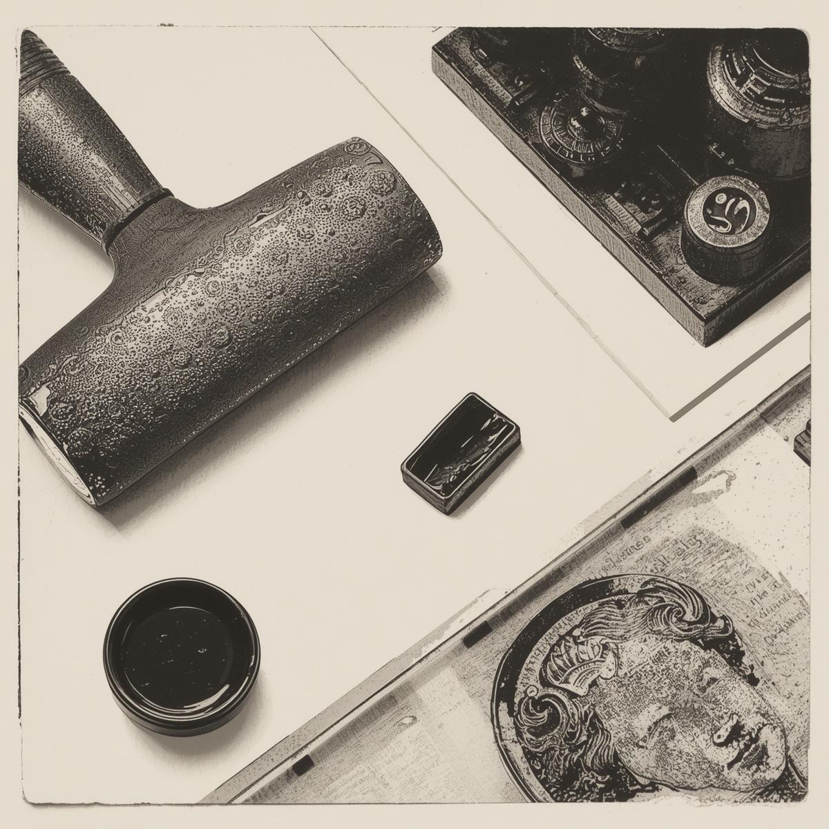 Soft rubber brayer and black relief ink for block printing.