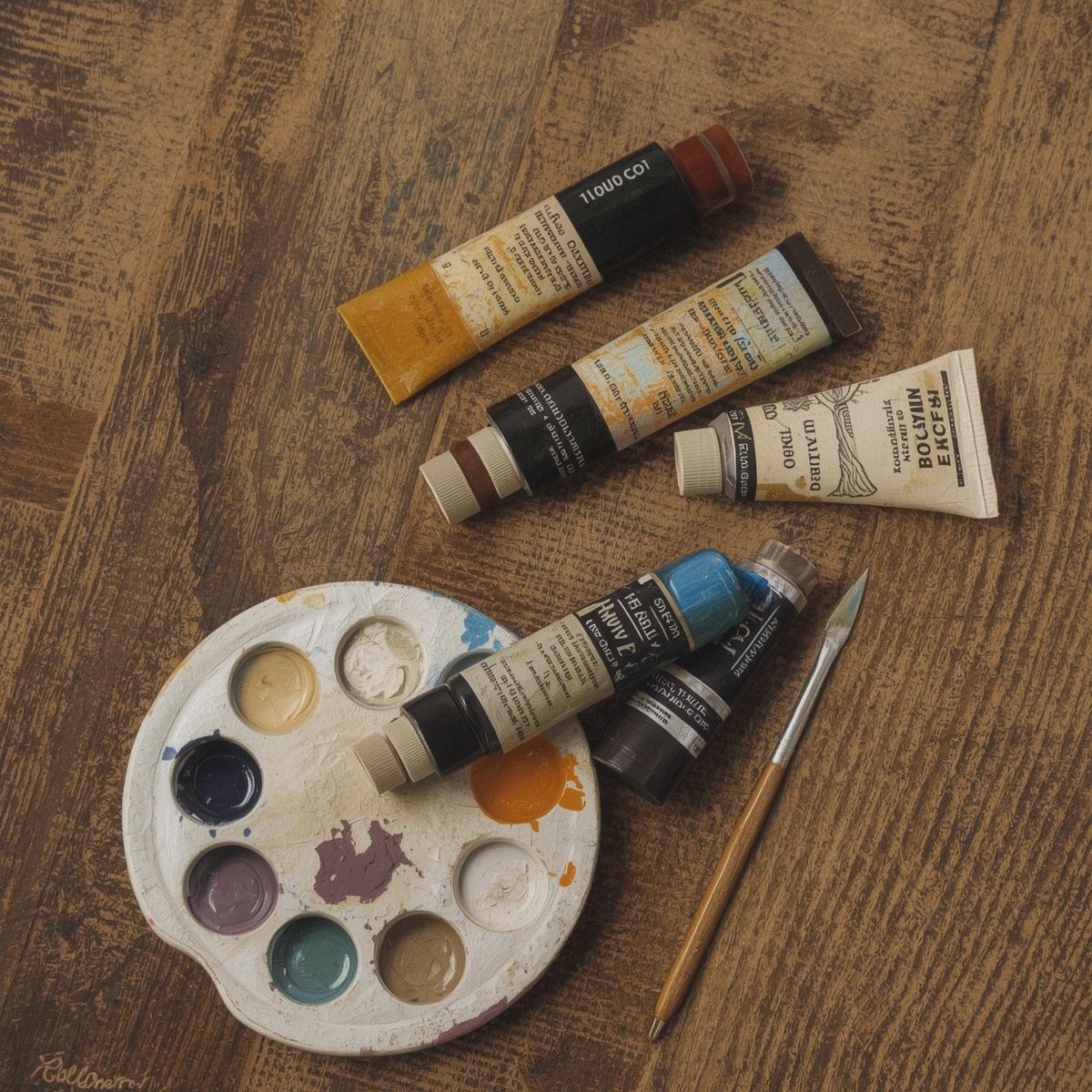 Artist oil paint tubes and palette still life.