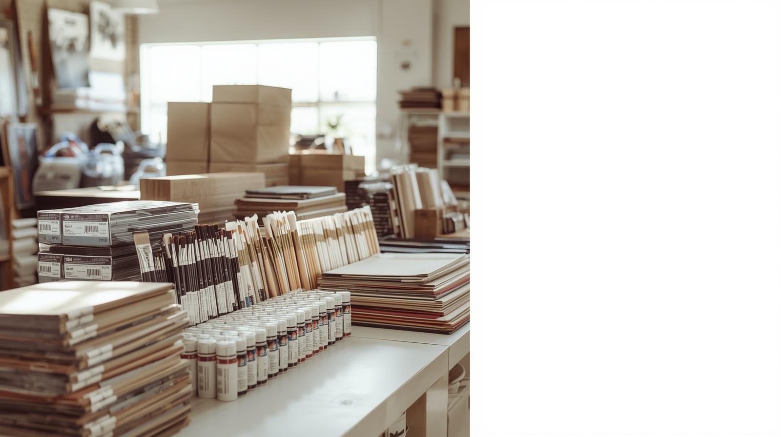 Interior still life of fine art materials, papers, and tools in warm natural light.